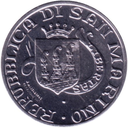 Монета 10 лир. 1989 год, Сан-Марино. Шестнадцать веков истории.