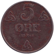 Монета 5 эре. 1943 год, Норвегия. Монета 5 эре. 1943 год, Норвегия.