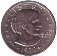 Монета 1 доллар, 1979 год, США. Монетный двор P. Сьюзен Энтони. Монета 1 доллар, 1979 год, США. Монетный двор P. Сьюзен Энтони.