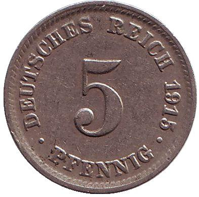 Монета 5 пфеннигов. 1915 год (D), Германская империя.