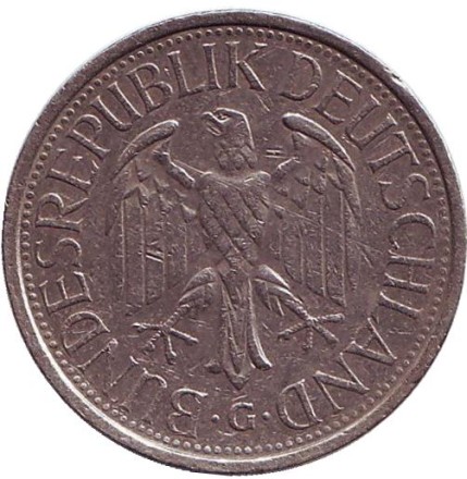 Монета 1 марка. 1977 год (G), ФРГ. Монета 1 марка. 1977 год (G), ФРГ.