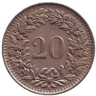 Монета 20 раппенов. 1951 год, Швейцария. Монета 20 раппенов. 1951 год, Швейцария.