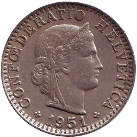 Монета 20 раппенов. 1951 год, Швейцария.