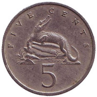 Монета 5 центов. 1972 год, Ямайка. Острорылый крокодил. Монета 5 центов. 1972 год, Ямайка. Острорылый крокодил.