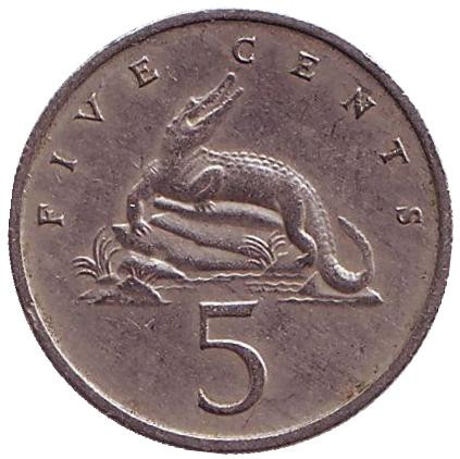 Монета 5 центов. 1972 год, Ямайка. Острорылый крокодил.