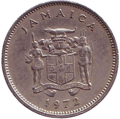 Монета 5 центов. 1972 год, Ямайка. Острорылый крокодил.