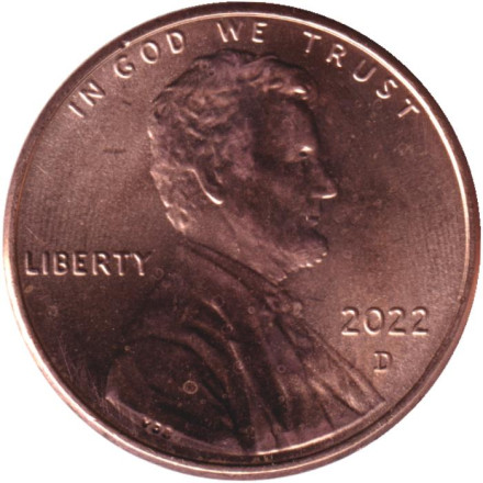 Монета 1 цент. 2022 год (D), США. 
