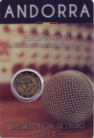 25 лет Радио и телевидению Андорры. Монета 2 евро. 2016 год, Андорра.