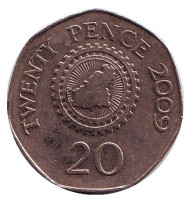 Монета 20 пенсов. 2009 год, Гернси. Карта острова Гернси. Монета 20 пенсов. 2009 год, Гернси. Карта острова Гернси.