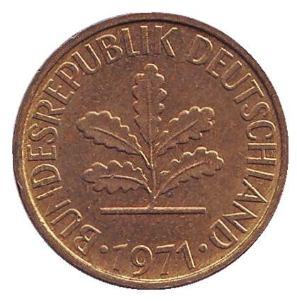 Монета 5 пфеннигов. 1971 год (G), ФРГ. Дубовые листья. Монета 5 пфеннигов. 1971 год (G), ФРГ. Дубовые листья.