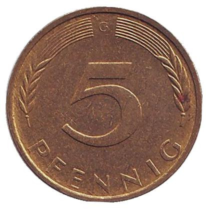 Монета 5 пфеннигов. 1971 год (G), ФРГ. Дубовые листья.
