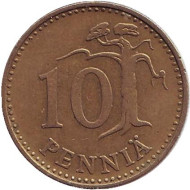 Монета 10 пенни. 1963 год, Финляндия. Монета 10 пенни. 1963 год, Финляндия.