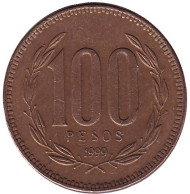 Монета 100 песо. 1999 год, Чили. Монета 100 песо. 1999 год, Чили.
