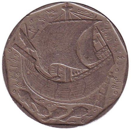 Монета 50 эскудо. 1987 год, Португалия. Парусник.