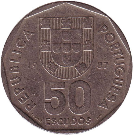 Монета 50 эскудо. 1987 год, Португалия. Парусник. Монета 50 эскудо. 1987 год, Португалия. Парусник.