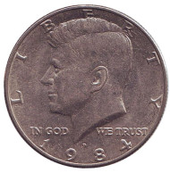 Монета 50 центов. 1984 год (D), США. Джон Кеннеди. Монета 50 центов. 1984 год (D), США. Джон Кеннеди.