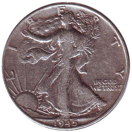 Монета 50 центов. 1945 год, США. Шагающая свобода. Без отметки монетного двора.