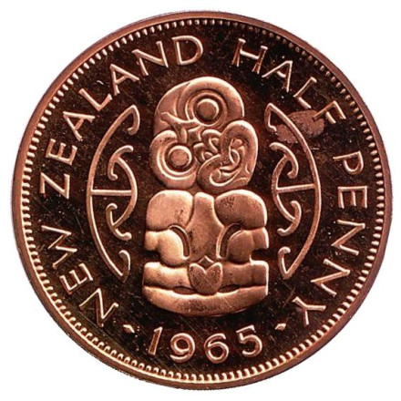 Монета 1/2 пенни, 1965 год, Новая Зеландия. Proof. Амулет-талисман Хей-Тики.