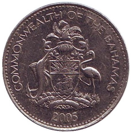 Монета 5 центов. 2005 год, Багамские острова. Ананас. Монета 5 центов. 2005 год, Багамские острова. Ананас.