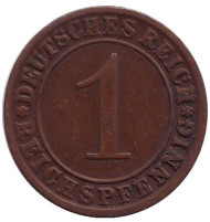 Монета 1 рейхспфенниг. 1925 год (J), Веймарская республика. Монета 1 рейхспфенниг. 1925 год (J), Веймарская республика.