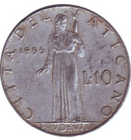 Монета 10 лир. 1955 год, Ватикан. Папа Пий XII. Богиня мудрости. Монета 10 лир. 1955 год, Ватикан. Папа Пий XII. Богиня мудрости.