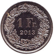 Монета 1 франк. 2013 год, Швейцария. Гельвеция. Монета 1 франк. 2013 год, Швейцария. Гельвеция.