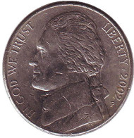 Монета 5 центов. 2002 год (P), США. Джефферсон. Монтичелло. Монета 5 центов. 2002 год (P), США. Джефферсон. Монтичелло.
