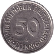 Монета 50 пфеннигов. 1993 год (A), ФРГ. Женщина, сажающая дуб. Монета 50 пфеннигов. 1993 год (A), ФРГ. Женщина, сажающая дуб.