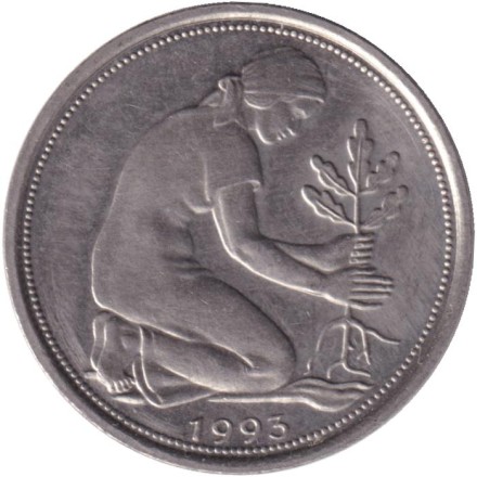 Монета 50 пфеннигов. 1993 год (A), ФРГ. Женщина, сажающая дуб. Монета 50 пфеннигов. 1993 год (A), ФРГ. Женщина, сажающая дуб.