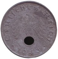 Монета 10 рейхспфеннигов. 1943 год, Германия (Третий Рейх). (E). Монета 10 рейхспфеннигов. 1943 год, Германия (Третий Рейх). (E).