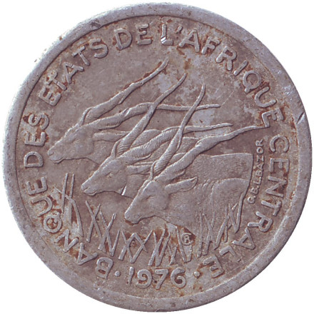 Монета 1 франк. 1976 год, Центральные Африканские Штаты. VF Африканские антилопы.