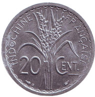 Монета 20 сантимов. 1945 год, Французский Индокитай. XF-aUNC. (	"B" - Бомон-ле-Роже) Монета 20 сантимов. 1945 год, Французский Индокитай. XF-aUNC. (	"B" - Бомон-ле-Роже)