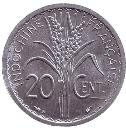 Монета 20 сантимов. 1945 год, Французский Индокитай. XF-aUNC. (	"B" - Бомон-ле-Роже)