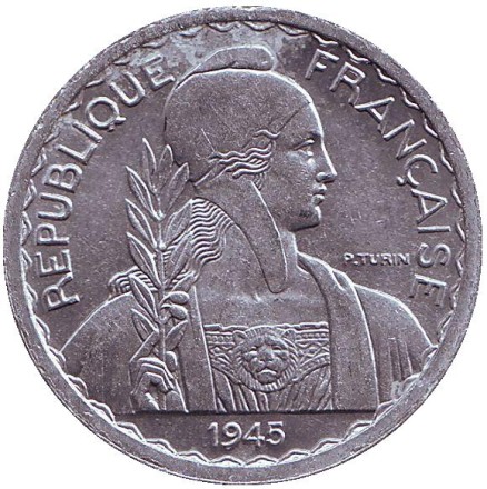 Монета 20 сантимов. 1945 год, Французский Индокитай. XF-aUNC. (	"B" - Бомон-ле-Роже)