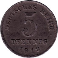 Монета 5 пфеннигов. 1919 год (G), Германская империя. Монета 5 пфеннигов. 1919 год (G), Германская империя.