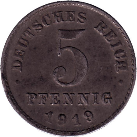 Монета 5 пфеннигов. 1919 год (G), Германская империя.