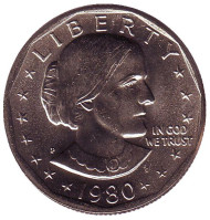 Монета 1 доллар, 1980 год, США. Монетный двор P. Сьюзен Энтони. Монета 1 доллар, 1980 год, США. Монетный двор P. Сьюзен Энтони.