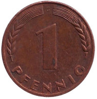 Монета 1 пфенниг. 1970 год (G), ФРГ. Дубовые листья. Монета 1 пфенниг. 1970 год (G), ФРГ. Дубовые листья.