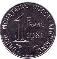 Монета 1 франк. 1981 год, Западные Африканские штаты. Монета 1 франк. 1981 год, Западные Африканские штаты.