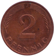 Монета 2 пфеннига. 1977 год (J), ФРГ. Дубовые листья. Монета 2 пфеннига. 1977 год (J), ФРГ. Дубовые листья.