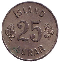 Монета 25 аураров. 1954 год, Исландия. Монета 25 аураров. 1954 год, Исландия.