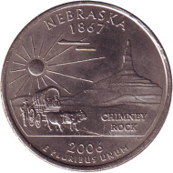 Монета 25 центов (Р). 2006 год, США. Небраска. Штат № 37. Монета 25 центов (Р). 2006 год, США. Небраска. Штат № 37.