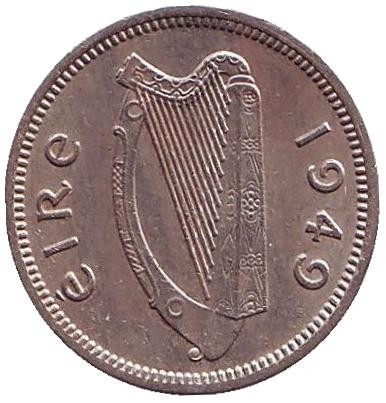 Монета 3 пенса. 1949 год, Ирландия. Заяц.