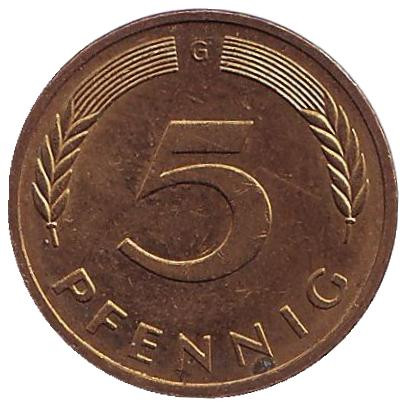Монета 5 пфеннигов. 1996 год (G), ФРГ. Дубовые листья.
