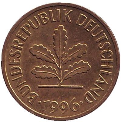 Монета 5 пфеннигов. 1996 год (G), ФРГ. Дубовые листья. Монета 5 пфеннигов. 1996 год (G), ФРГ. Дубовые листья.
