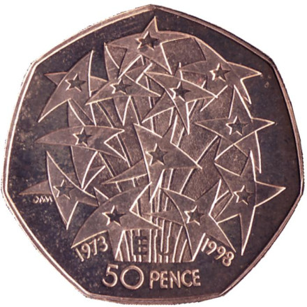 Монета 50 пенсов, 1998 год, Великобритания. Proof. 25 лет присоединению Великобритании к Евросоюзу.