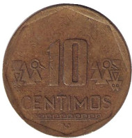 Монета 10 сентимов. 2007 год, Перу. Монета 10 сентимов. 2007 год, Перу.