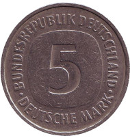 Монета 5 марок. 1976 год (F), ФРГ. Монета 5 марок. 1976 год (F), ФРГ.