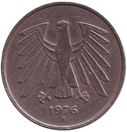 Монета 5 марок. 1976 год (F), ФРГ. Монета 5 марок. 1976 год (F), ФРГ.