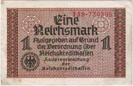 Банкнота 1 рейхсмарка. 1940-1945 гг., Третий Рейх. (Оккупированные территории). С тиснением.
